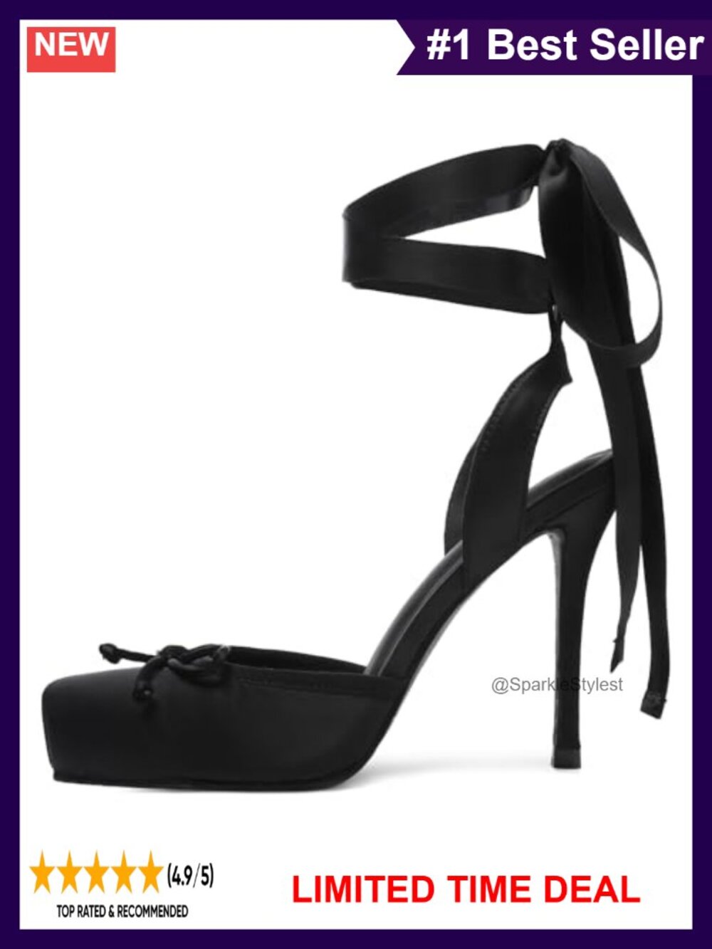 Satin Ballet Heels Closed Square Toe Bow Stiletto Lace-Up Women